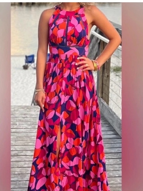 Abel The Label Dresses & Skirts - Anthropologie- Able the Label Halter Maxi Dress in Pink & Red Abstract Print